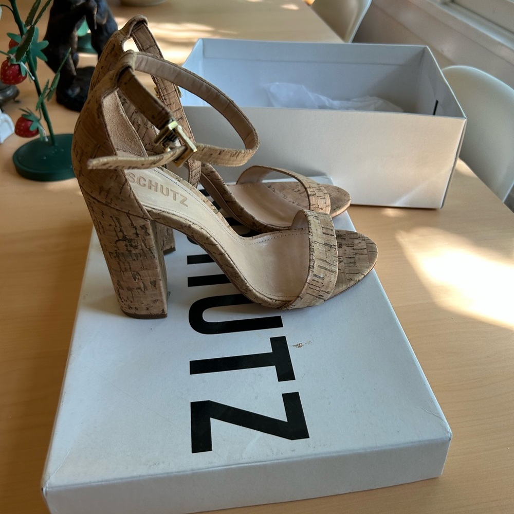 SCHUTZ Cork Block Heel Sandals in Natural Tan - Picture 3 of 4